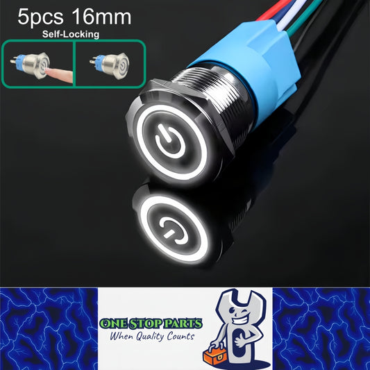 5 x 16mm Metal Push Button Switch White LED 12-24V Pre-Wired Self-Locking Switch