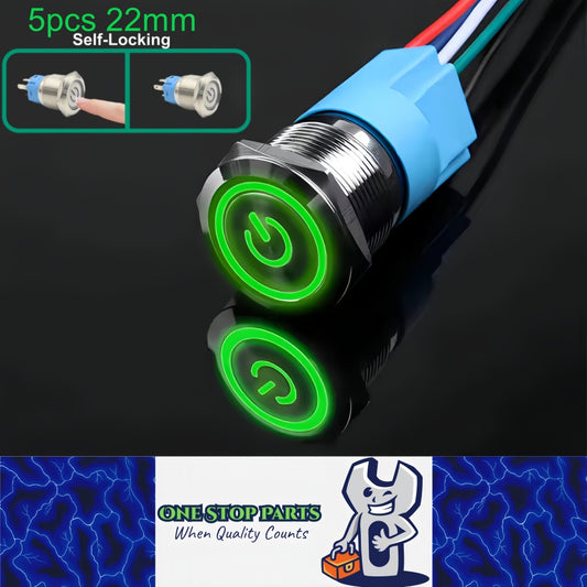 5 x 22mm Metal Push Button Switch Green LED 12-24V Pre-Wired Self-Locking Switch