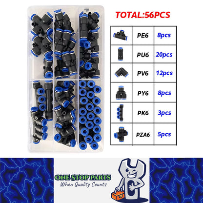 56pcs 6mm Air Pneumatic Connectors Fittings Kit with PE/PU//PV/PY/PK/PZA Plugs