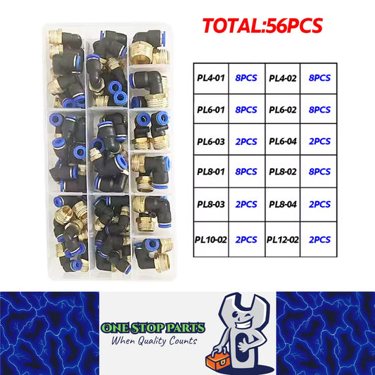 56pcs Air Pneumatic Bend Fittings PL Series Trachea Elbow Connectors PL4 to PL12