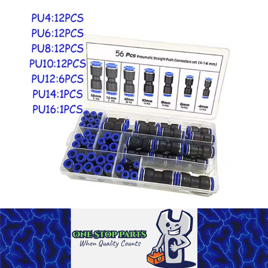 56pcs Air Straight Pneumatic Fittings PU Series Connectors 4/6/8/10/12//14/16mm