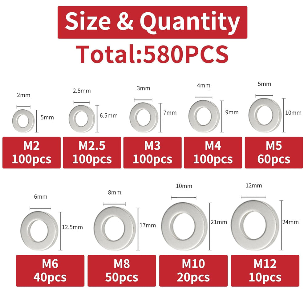 580pcs 304 Stainless Steel Flat Washer Kit M2–M12 9 Size for Home Car Repair DIY