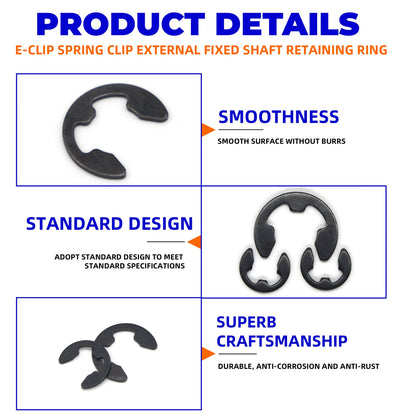 580pcs E-Clips M1.5-M10 Circlip Washer Kit 10 Sizes 65Mn Steel Retaining Ring