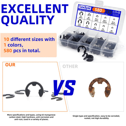 580pcs E-Clips M1.5-M10 Circlip Washer Kit 10 Sizes 65Mn Steel Retaining Ring