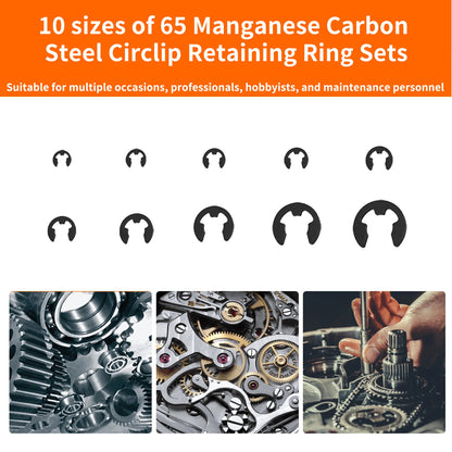 580pcs E-Clips M1.5-M10 Circlip Washer Kit 10 Sizes 65Mn Steel Retaining Ring
