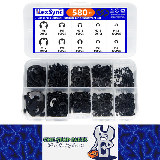 580pcs E-Clips M1.5-M10 Circlip Washer Kit 10 Sizes 65Mn Steel Retaining Ring