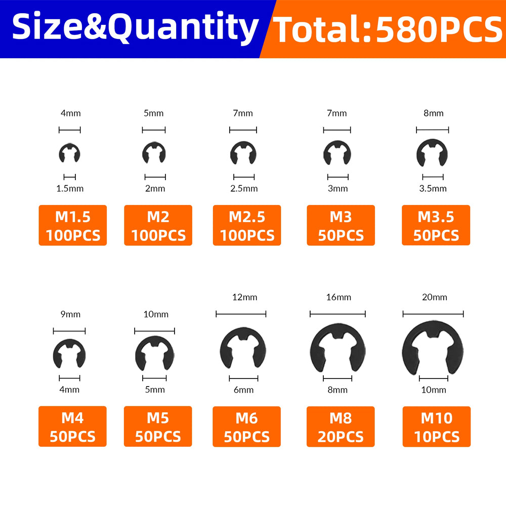 580pcs E-Clips M1.5-M10 Circlip Washer Kit 10 Sizes 65Mn Steel Retaining Ring