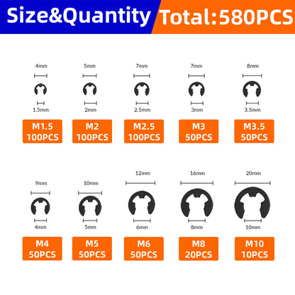 580pcs E-Clips M1.5-M10 Circlip Washer Kit 10 Sizes 65Mn Steel Retaining Ring