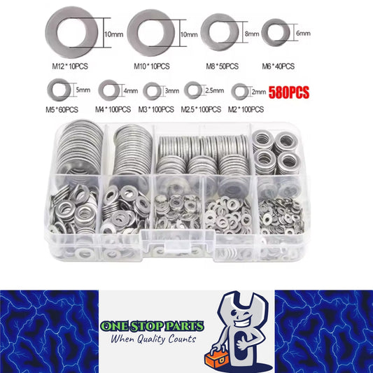 580pcs Stainless Steel Washer Assortment Kits M2-M12 Metal Screw Flat Washer