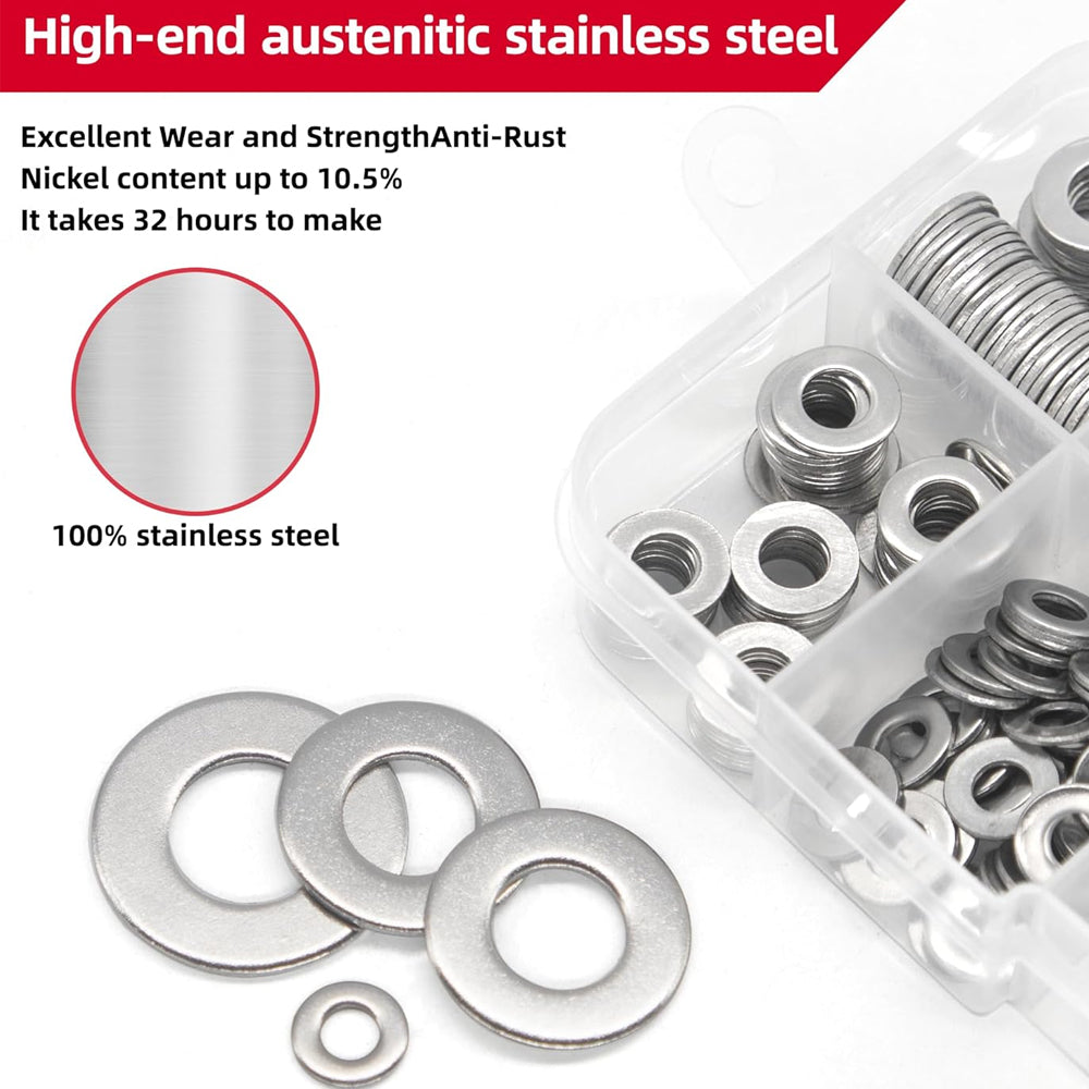 580pcs 304 Stainless Steel Flat Washer Kit M2–M12 9 Size for Home Car Repair DIY