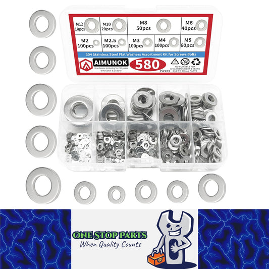 580pcs 304 Stainless Steel Flat Washer Kit M2–M12 9 Size for Home Car Repair DIY