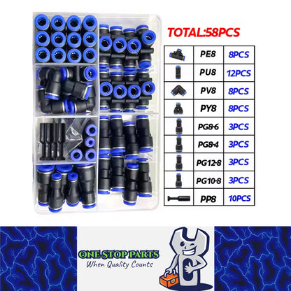 58pcs 8mm Air Pneumatic Connectors Fittings Kit with PU/PG/PE/PY/PV PP Plugs