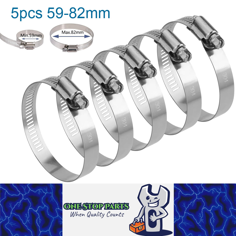 5 x 59-82mm Strong Stainless Steel Hose Clamps wide 12mm x 0.3mm Thick (10pcs)