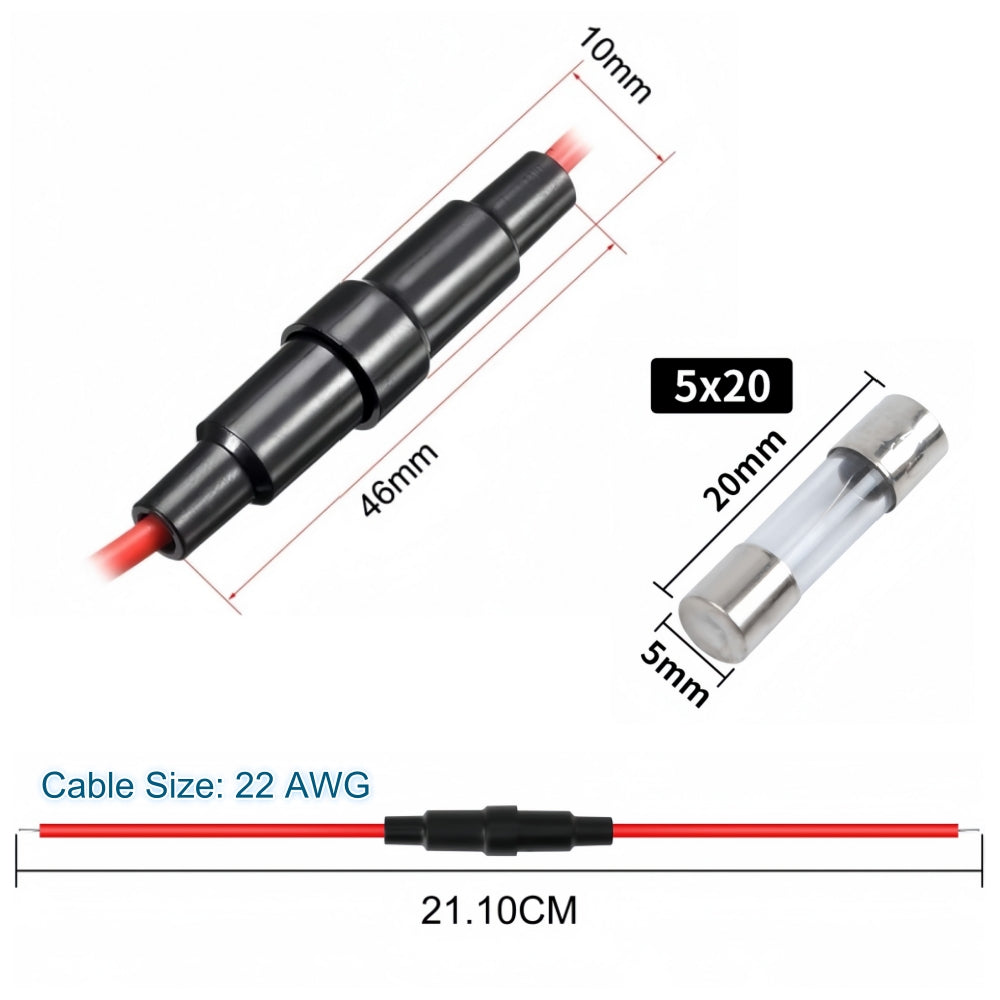 5 x Inline Glass Fuse Holders with 5mm x 20mm Long Glass Fuses 22 AWG Wires