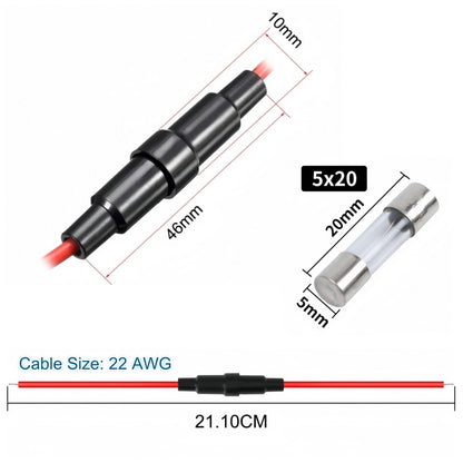 5 x Inline Glass Fuse Holders with 5mm x 20mm Long Glass Fuses 22 AWG Wires