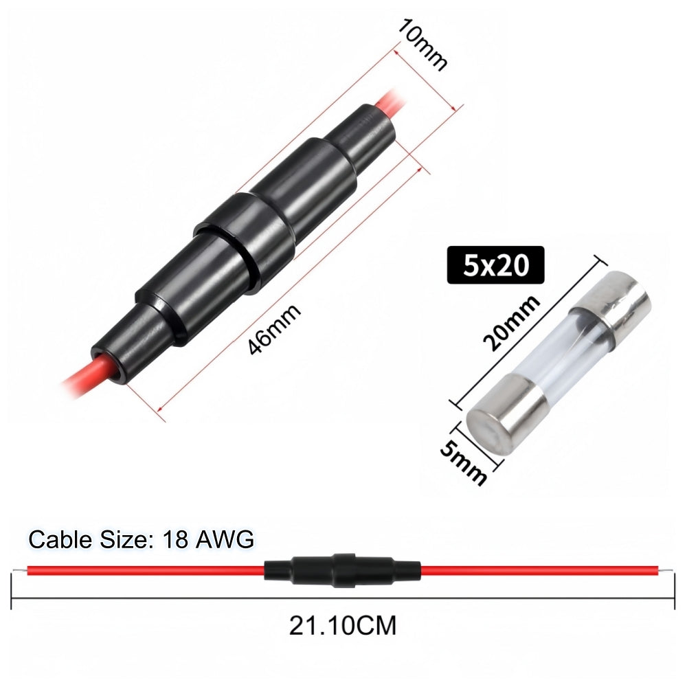 5 x Inline Glass Fuse Holders with 5mm x 20mm Long  Glass Fuses 18 AWG Wires