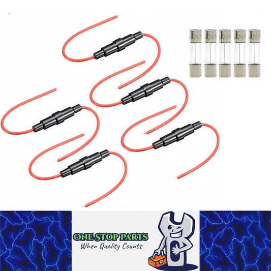 5 x Inline Glass Fuse Holders with 5mm x 20mm Long Glass Fuses 22 AWG Wires