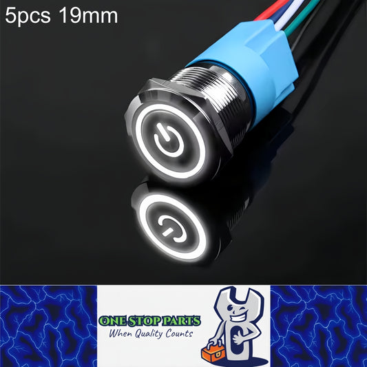 5 x 19mm Metal Push Button Switch White LED 12V-24V Pre-Wired Self-Rest Switch