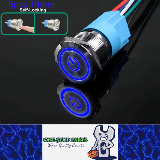 5 x 19mm Metal Push Button Switch Blue LED 12V-24V Pre-Wired Self-Locking Switch