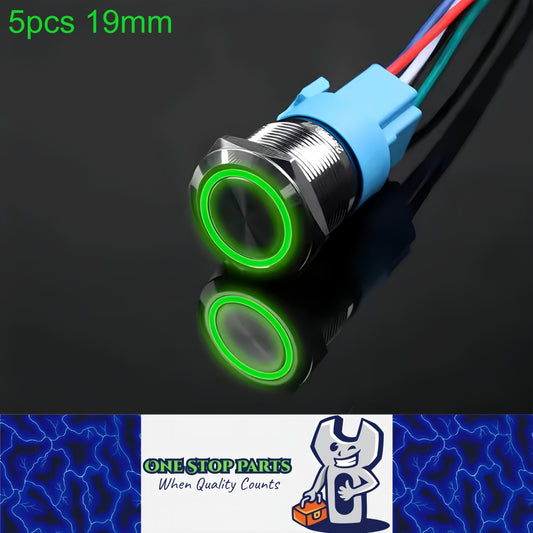 5 x Green LED 19mm Metal Push Button Switch 12V-24V Pre-Wired Self-Rest Switch