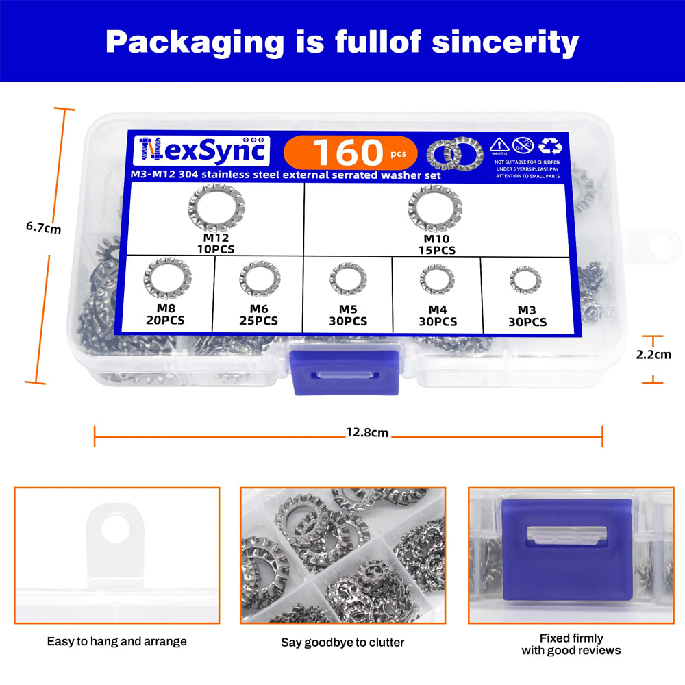 160pcs External Serrated Lock Washer M3–M12 Stainless Steel Toothed Lock Washer