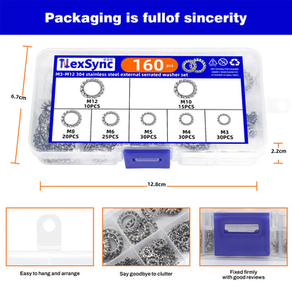 160pcs External Serrated Lock Washer M3–M12 Stainless Steel Toothed Lock Washer
