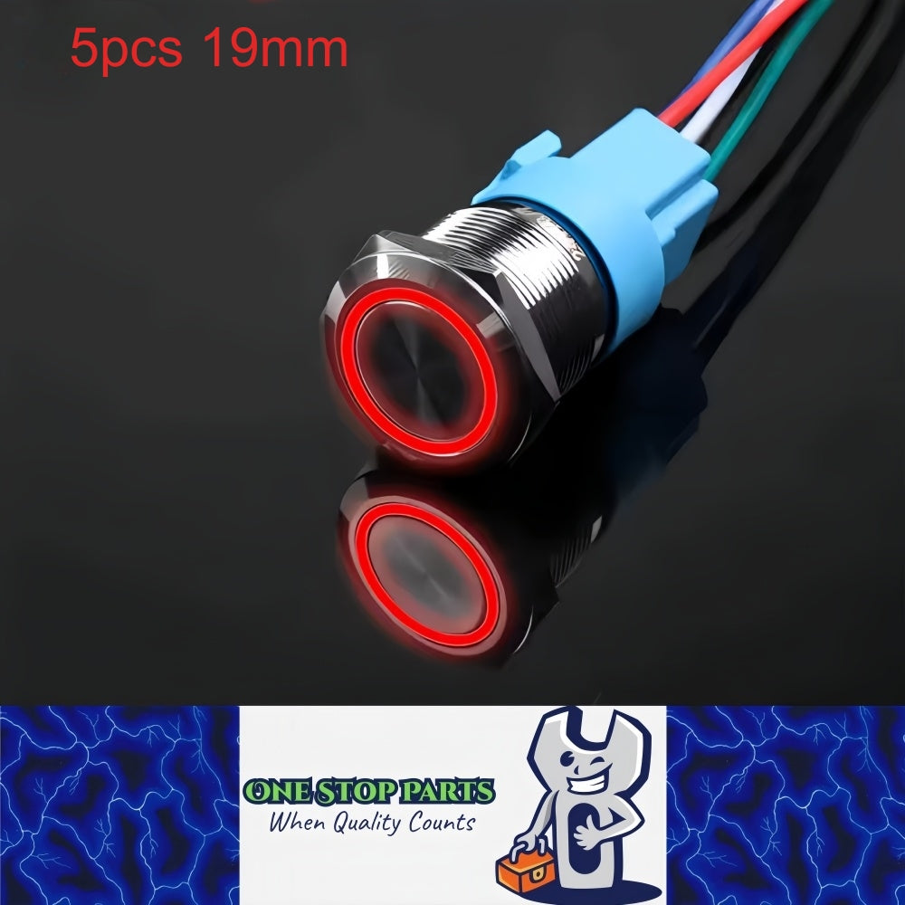 5 x Red LED 19mm Metal Push Button Switch 12V-24V Pre-Wired Self-Rest ...