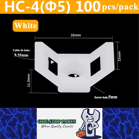 100 X White Cable tie Wing Mounts Plastic 5mm Centre screw or pop rivet base