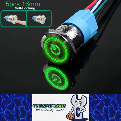 5 x 16mm Metal Push Button Switch Green LED 12-24V Pre-Wired Self-Locking Switch