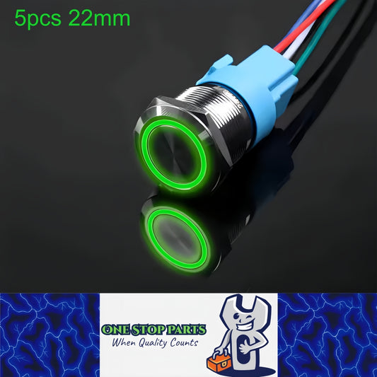 5 x Green LED 22mm Metal Push Button Switch 12V-24V Pre-Wired Self-Rest Switch