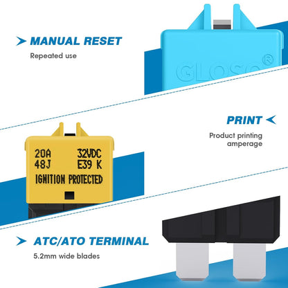 5 x 20Amp Standard Blade Fuse Circuit Breaker Manual  Reset Circuit Breaker 20A