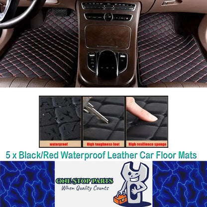 5 x Black/Red Waterproof Leather Car Floor Mats Universal Auto Foot Pad Carpet
