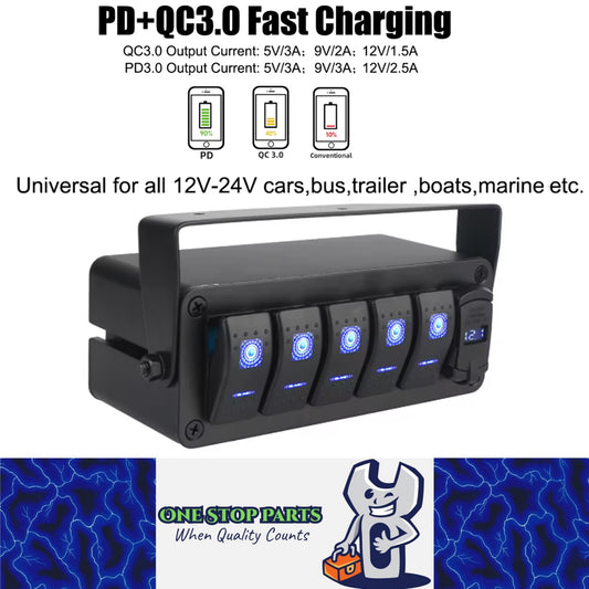 5 Gang Rocker Switch Panel Rotate Box with PD + QC3.0 USB Outlet and Voltmeter