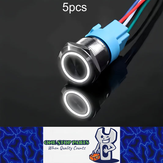 5 x White LED 16mm Metal Push Button Switch 12V-24V Pre-Wired Self-Rest Switch