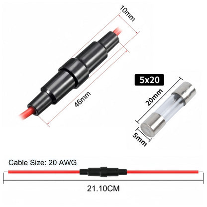 5 x Inline Glass Fuse Holders with 5mm x 20mm Long  Glass Fuses 20 AWG Wires