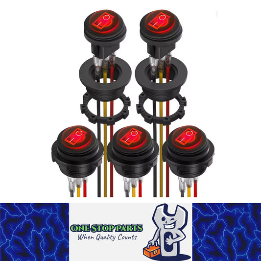5 x Red LED Round Rocker Switch 3 Pin ON/OFF SPST 20mm with Wire Car Boat Marine