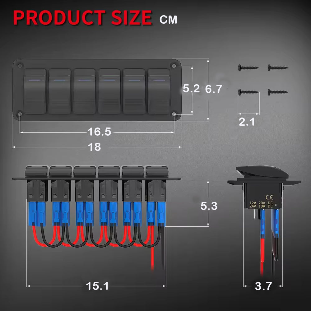 Pre-wired 6 Gang Blue LED Rocker Switch Panel 12-24V for Car Caravan Boat Marine