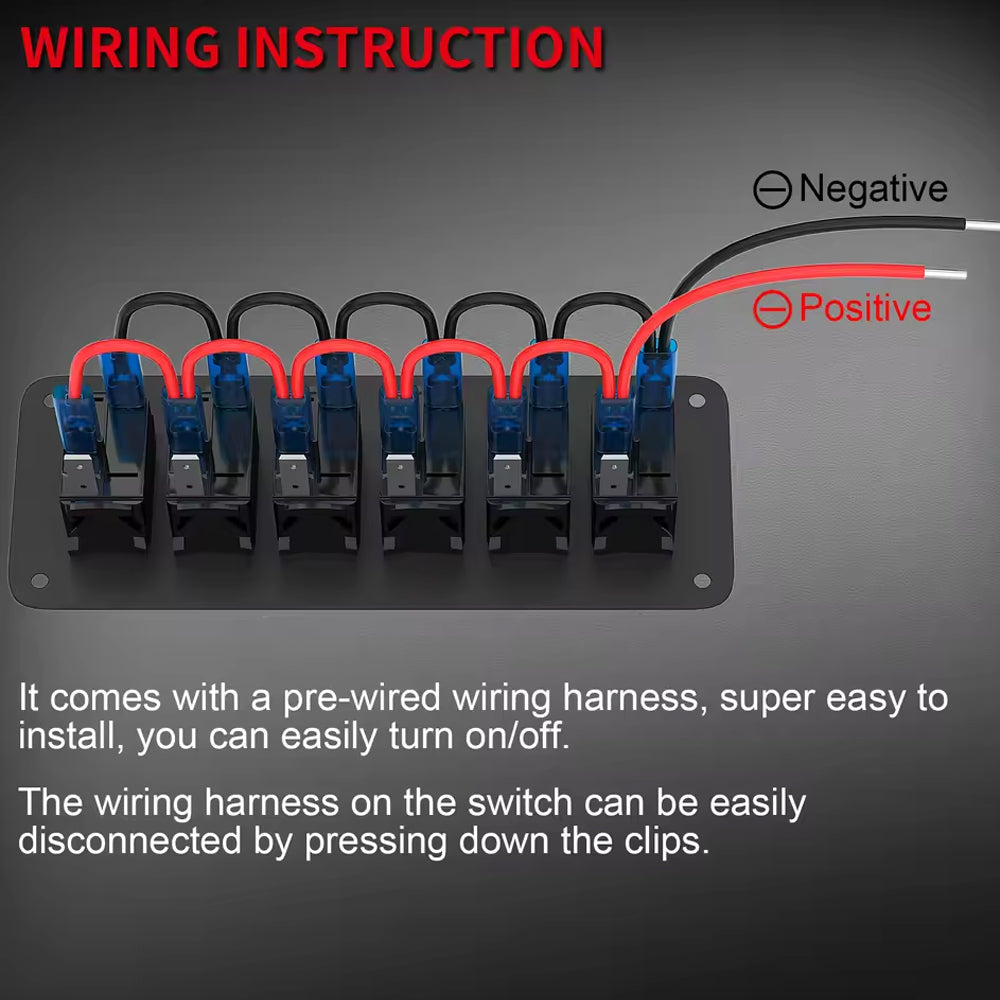 Pre-wired 6 Gang Blue LED Rocker Switch Panel 12-24V for Car Caravan Boat Marine