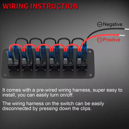 Pre-wired 6 Gang Blue LED Rocker Switch Panel 12-24V for Car Caravan Boat Marine