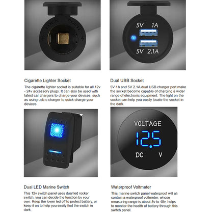 6 Gang Blue LED Rocker Switch Panel with 2.1A Dual USB Port 12V Outlet Voltmeter