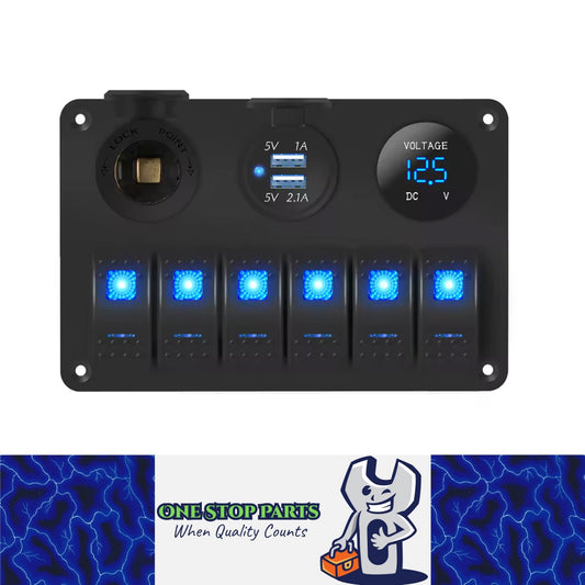 6 Gang Blue LED Rocker Switch Panel with 2.1A Dual USB Port 12V Outlet Voltmeter