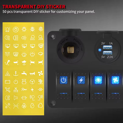6 Gang Blue LED Rocker Switch Panel with 2.1A Dual USB Port 12V Outlet Voltmeter