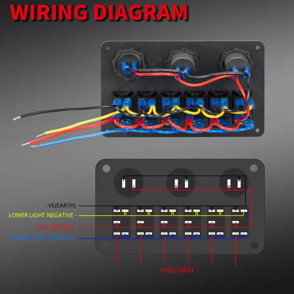 6 Gang Blue LED Rocker Switch Panel with 2.1A Dual USB Port 12V Outlet Voltmeter
