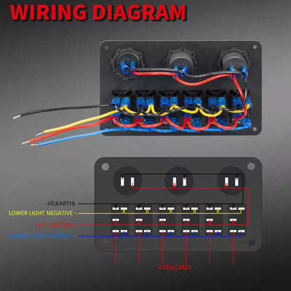 6 Gang Blue LED Rocker Switch Panel with 2.1A Dual USB Port 12V Outlet Voltmeter
