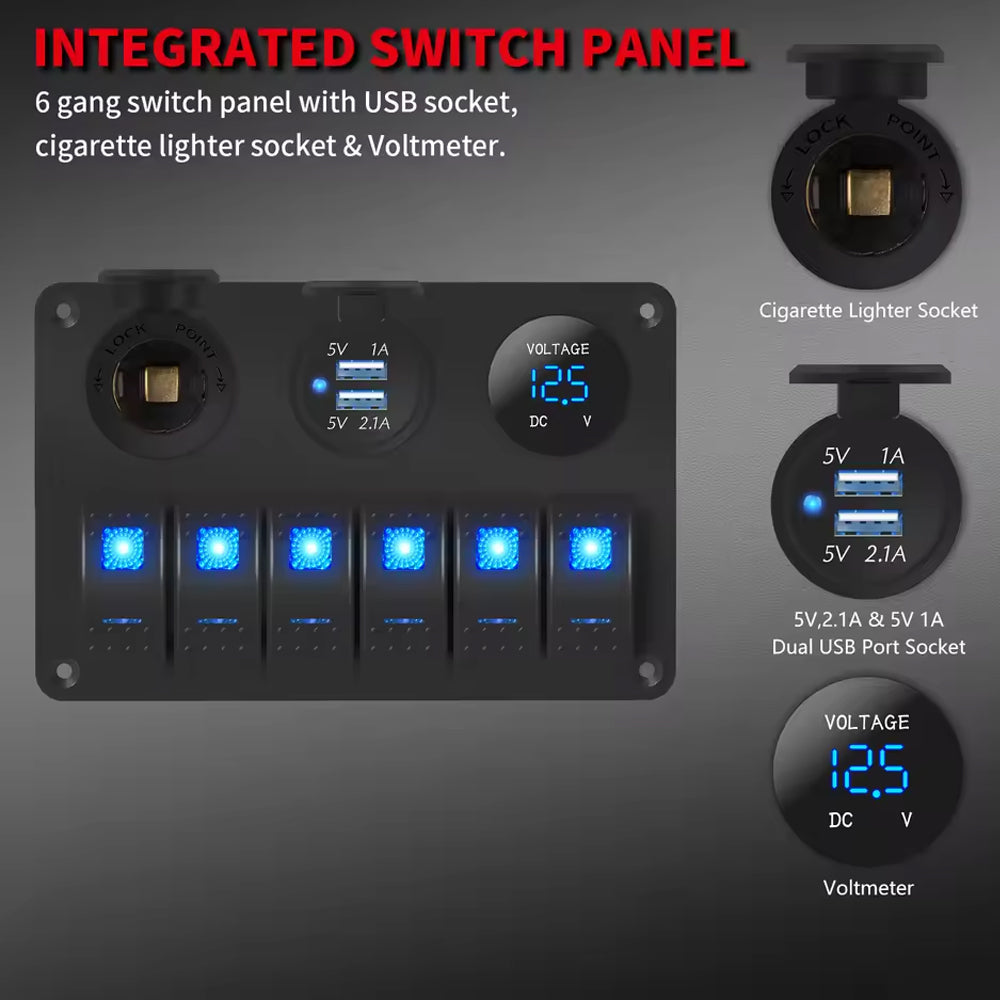 6 Gang Blue LED Rocker Switch Panel with 2.1A Dual USB Port 12V Outlet Voltmeter