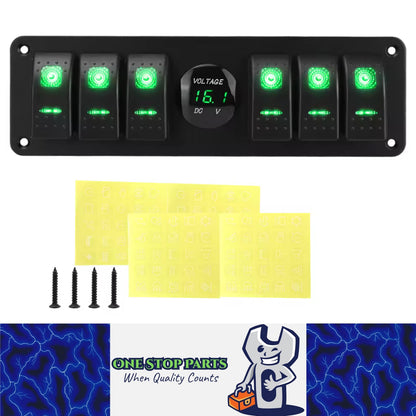 PreWired 6 Gang Switch Panel Green LED Rocker Switch Panel 12-24V with Voltmeter