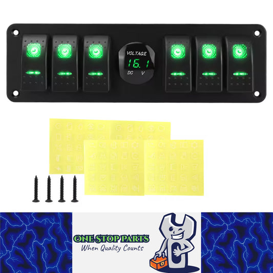 PreWired 6 Gang Switch Panel Green LED Rocker Switch Panel 12-24V with Voltmeter