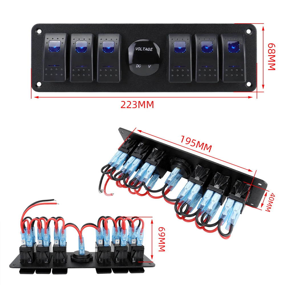PreWired 6 Gang Switch Panel Green LED Rocker Switch Panel 12-24V with Voltmeter
