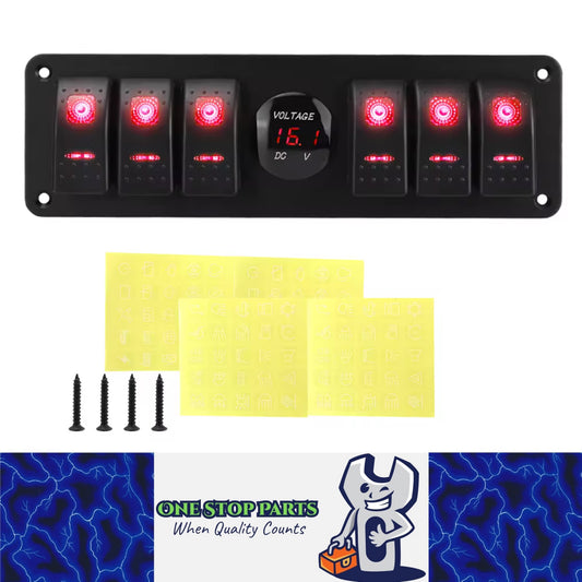 PreWired 6 Gang Switch Panel Red LED Rocker Switch Panel 12-24V with Voltmeter