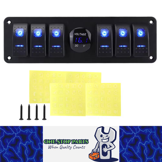 PreWired 6 Gang Switch Panel Blue LED Rocker Switch Panel 12-24V with Voltmeter